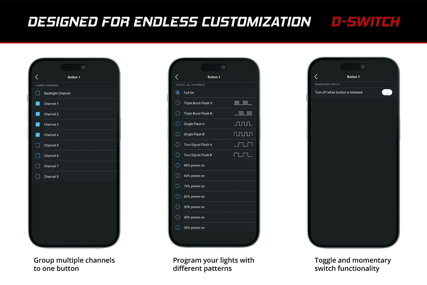 D-Switch Bluetooth app programming interface showing channel assignment