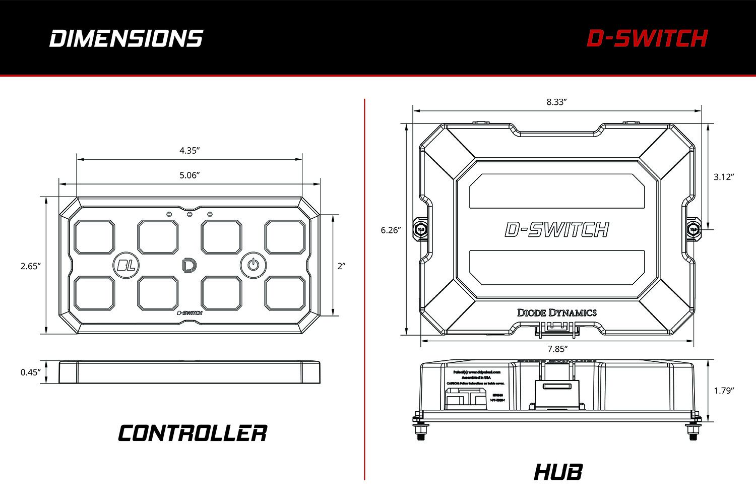 D-Switch hub and controller dimensional diagram with measurements