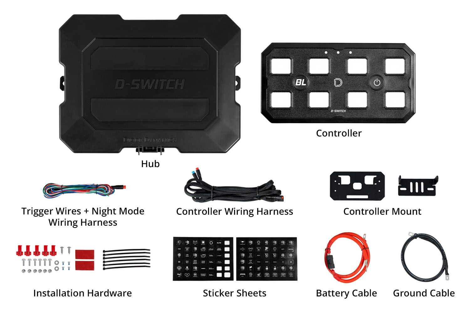 D-Switch complete kit contents — all included hardware labeled